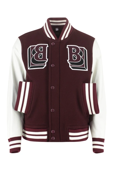 Shop Burberry Leather Sleeves Bomber Jacket In Burgundy