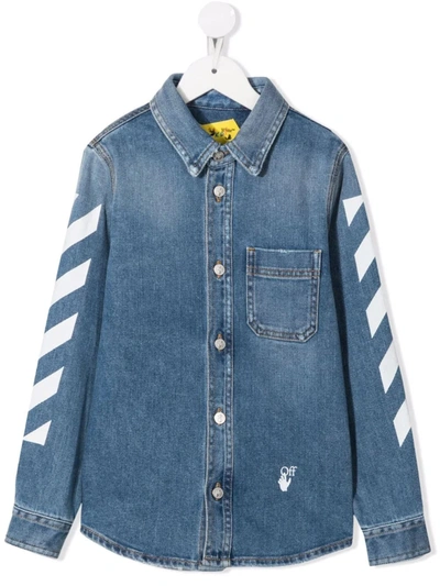 Shop Off-white Kids Overshirt In Blue Denim With Logo And Diagonals