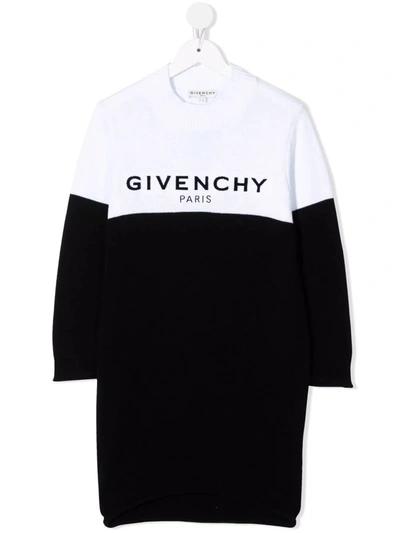 Shop Givenchy Kids Dress In Bicolor Knit With Flocked Logo In Bianco/nero