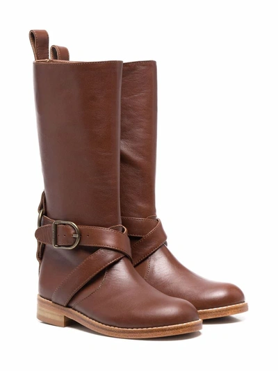 Shop Chloé Kids Brown Leather Boots With Buckle In Rosso
