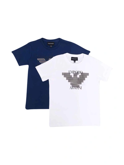 Shop Emporio Armani Blue And White T-shirts Set With Crew Neck And Straight Hem In Bianco