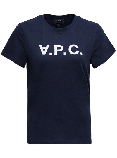Shop Apc Blue Cotton T-shirt With Logo Print