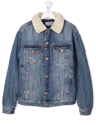 Shop Diesel Teen Shearling Collar Denim Jacket In Blue