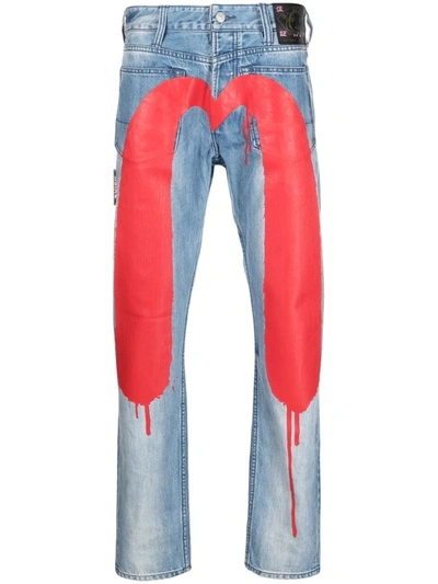 Evisu Backwards Painted-logo Slim-fit Jeans In Blue | ModeSens