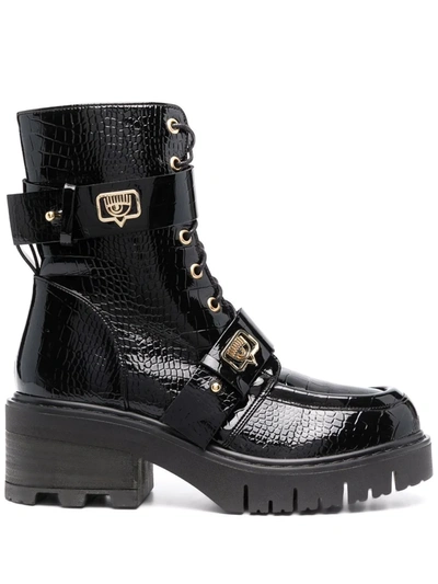 Shop Chiara Ferragni Embossed-croco Ankle Boots In Black