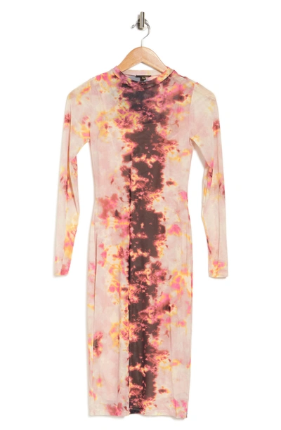 Shop Afrm Loah Long Sleeve Mesh Midi Dress In Soft Blush Placement Tie Dye