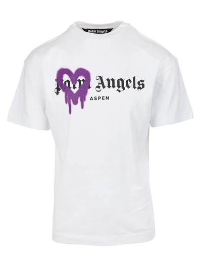 Shop Palm Angels Man White And Purple Spray Logo Aspen T-shirt
