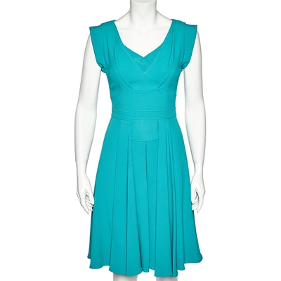 Pre-owned Elie Saab Teal Blue Crepe Pleated Detail Midi Dress Xs