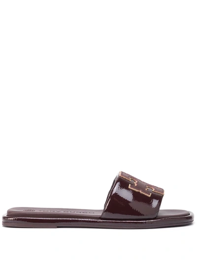 Shop Tory Burch Double-t Leather Slides In Purple