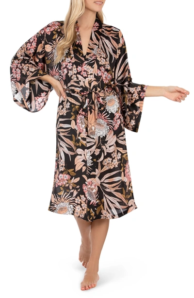 Shop Midnight Bakery Botanical Satin Robe In Black/peach