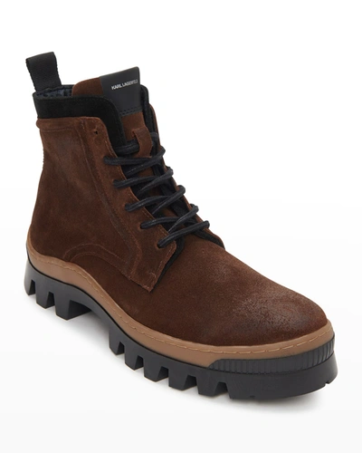 Karl Lagerfeld Men's Lug-sole Suede Combat Boots In Brown