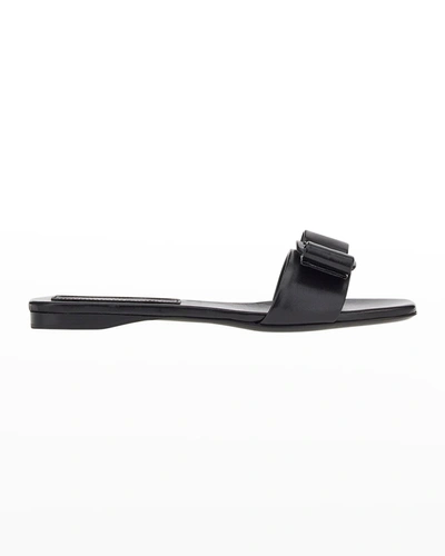 Shop Ferragamo Vicky Lambskin Bow Slide Sandals In Nero