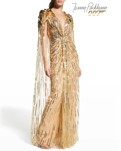 Shop Jenny Packham X 007 Capsule Collection Goldfinger Cape Gown In Illusiongold