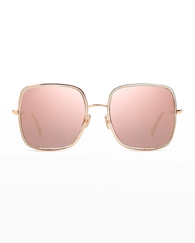 Shop Jimmy Choo Jaylas Oversized Glitter Square Stainless Steel Sunglasses In 0bku Gold Nude/pi