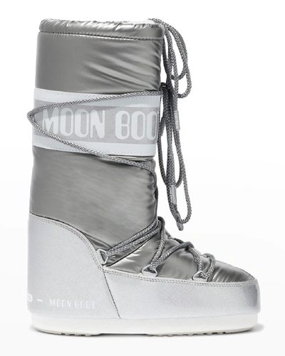 Shop Moon Boot Classic Pillow Metallic Lace-up Snow Boots In Silver