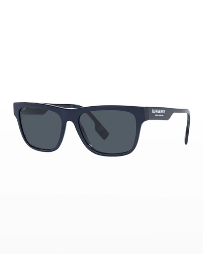 Shop Burberry Men's Square Logo Sunglasses In Navy Check