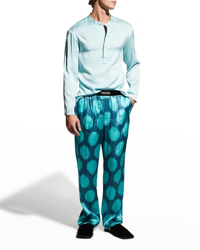 Shop Tom Ford Men's Silk Henley Pajama Shirt In 442 Sky