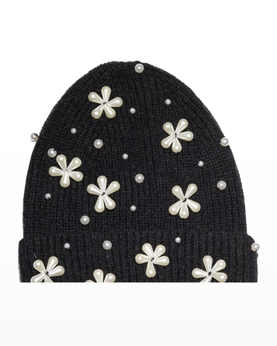 Shop Lele Sadoughi Pearly Snowflake Rib Knit Beanie In Black 001