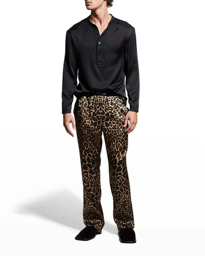 Shop Tom Ford Men's Silk Henley Pajama Shirt In 002 Black