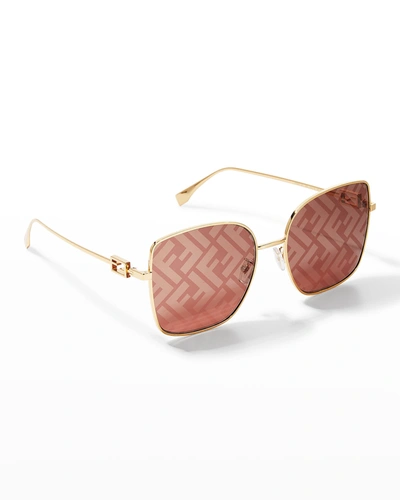 Shop Fendi Ff Monogram Logo Square Metal Sunglasses In Endura Gold/brown