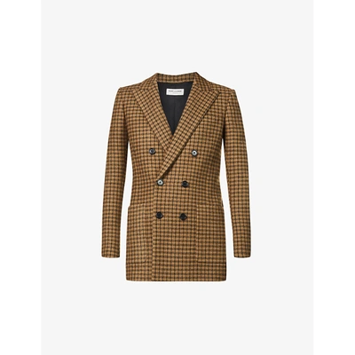 Shop Saint Laurent Womens Noisettecamel Checked Double-breasted Wool Blazer 6
