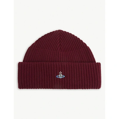 Shop Vivienne Westwood Logo-embroidered Wool Beanie In Bordeaux