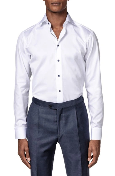 Shop Eton Slim Fit Cotton Twill Dress Shirt With Grey Details In White/ Navy
