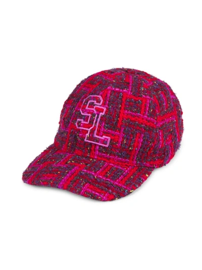 Shop Saint Laurent Checked Tweed Wool Baseball Cap In Red