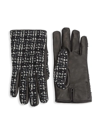 Shop Saint Laurent Wool & Leather Checked Tweed Gloves In Black Ivory