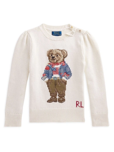 Shop Polo Ralph Lauren Little Girl's Polo Bear Cotton Sweater In Natural