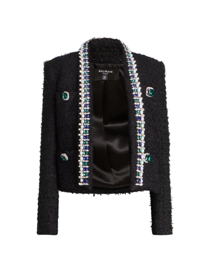 Shop Balmain Faux Jewel & Faux Pearl Tweed Jacket In Noir Multicolor