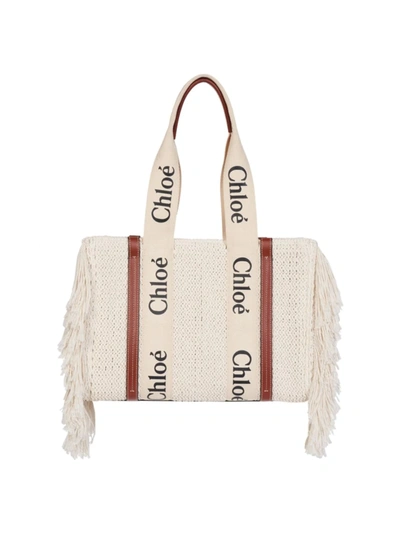 Shop Chloé Women's Medium Woody Knitted Cotton Fringe-trim Tote In Sepia Brown
