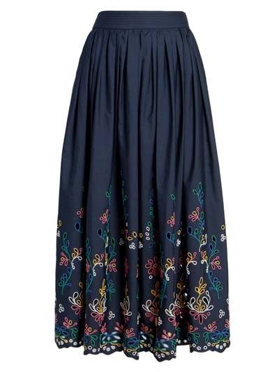Shop Chloé Embroidered Pleated Maxi Skirt In Multicolor Blue