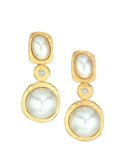 Shop Kenneth Jay Lane Women's Satin Goldplated, Faux Pearl & Crystal Drop Clip-on Earrings In Satin Gold Pearl