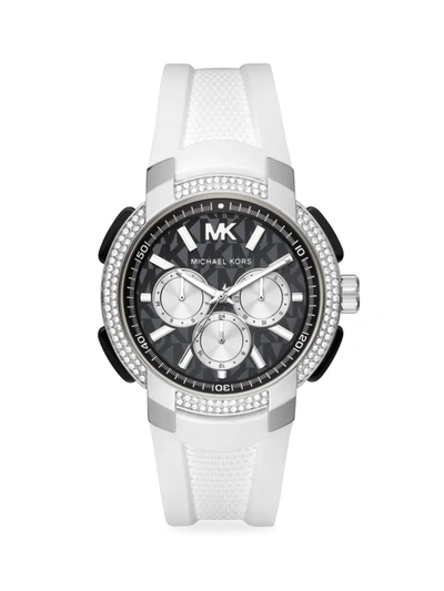 Shop Michael Kors Sidney Sterling Silver, Pavé & White Silicone Strap Watch