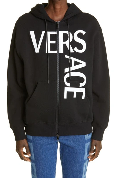 Shop Versace Logo Oversize Cotton Blend Hoodie In Black White