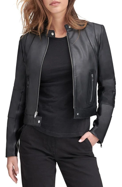 Shop Andrew Marc Leather Racer Jacket In Black/ White