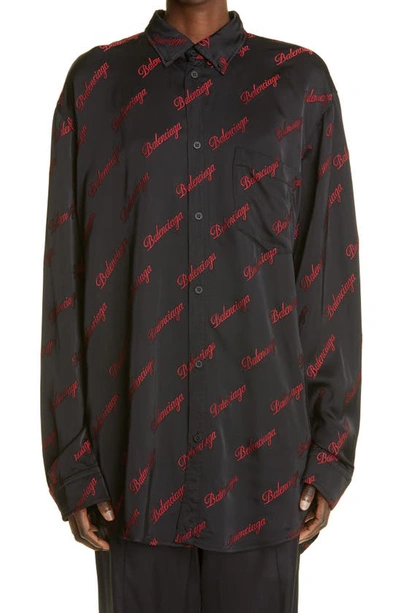 Shop Balenciaga Script Logo Jacquard Oversize Button-down Shirt In Black/ Red