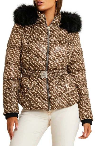 River Island monogram padded belted jacket with faux fur hood in brown