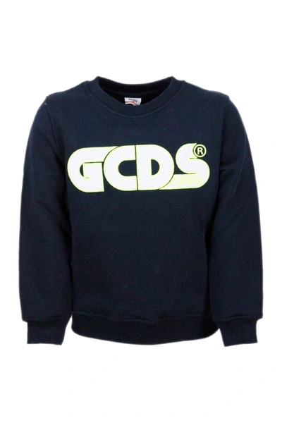Shop Gcds Crewneck Sweatshirt With Writing With Fluorescent Profiles In Blu