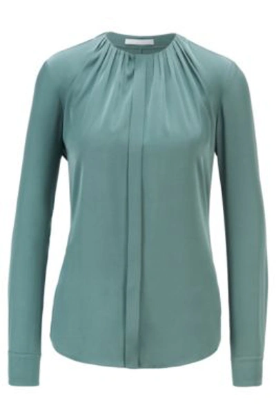 Shop Hugo Boss Ruched Neck Blouse In Stretch Silk Crepe De Chine In Light Green