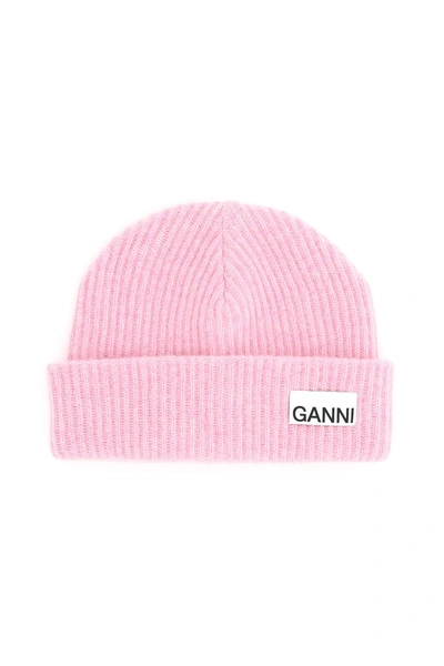 Shop Ganni Logo Beanie Hat In Pink