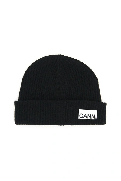Shop Ganni Logo Beanie Hat In Black