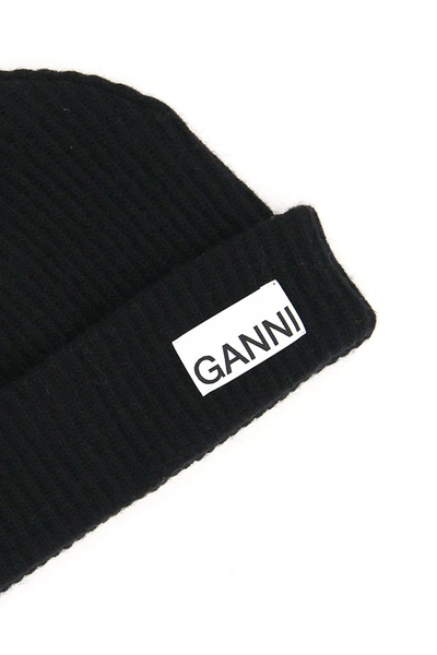 Shop Ganni Logo Beanie Hat In Black