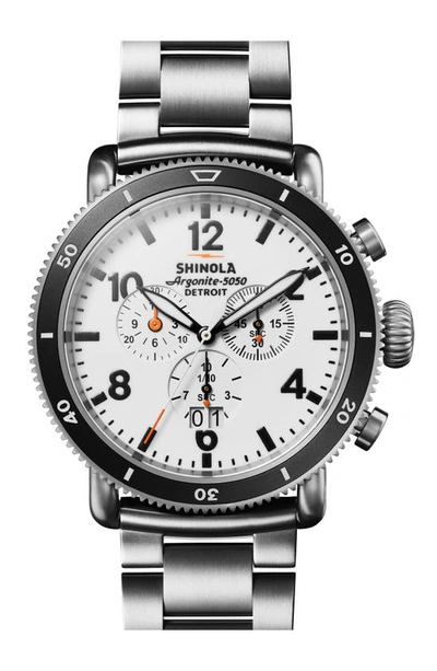 Shinola Silver Runwell Sport Chronograph 'the White Hurricane' 48 Mm Watch In White