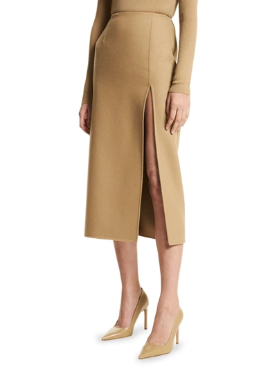 Shop Michael Kors Side Slit Wool Midi Skirt In Barley