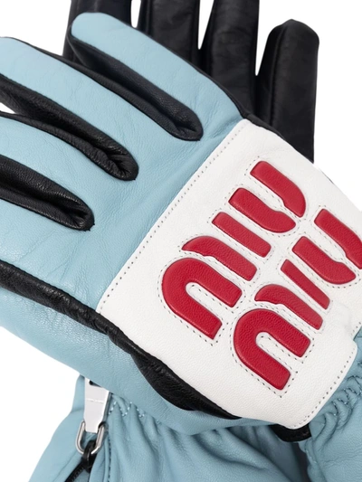 Shop Miu Miu Logo-patch Leather Ski Gloves In Argento