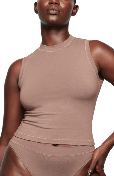 Stretch Cotton Jersey Mock Neck Tank In Umber