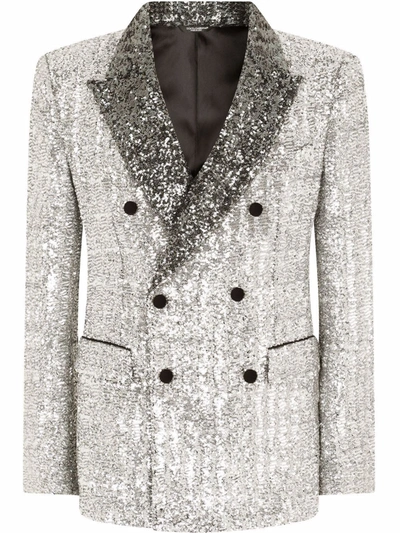 Shop Dolce & Gabbana Sicilia-fit Sequin-embellished Double-breasted Blazer In Silver