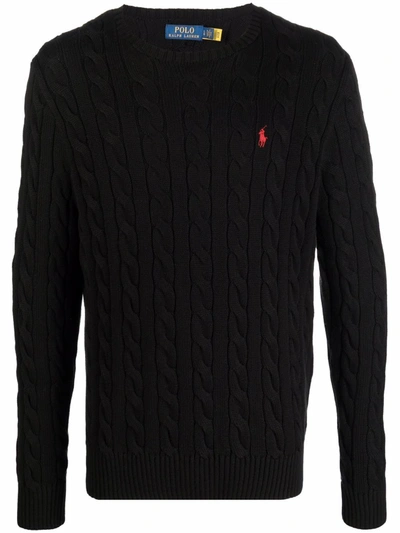 Shop Polo Ralph Lauren Logo-embroidered Cable-knit Jumper In Black